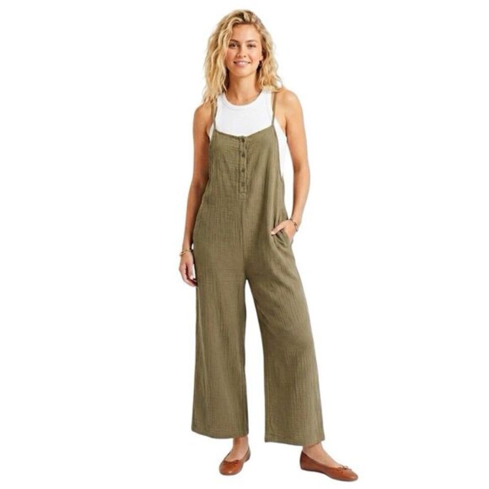 Millibon Olive Green Cotton Gauze Jumpsuit Crinkle Wide Leg Minimalist Sz Large